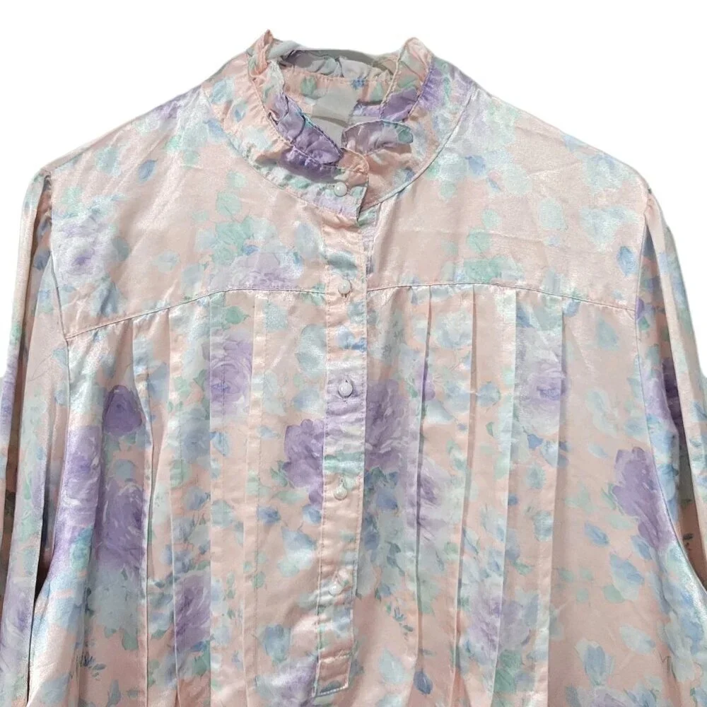 Vintage Satin Nightgown Large Pink Floral Pastels Maxi Stand Up Collar Ruffles